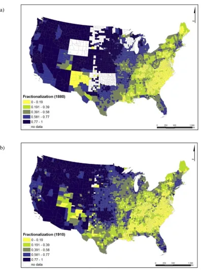 FIGURE 5-3 DIVERSITY IN THE COMPOSITION OF THE POPULATION BY COUNTY, 1880 AND 1910 