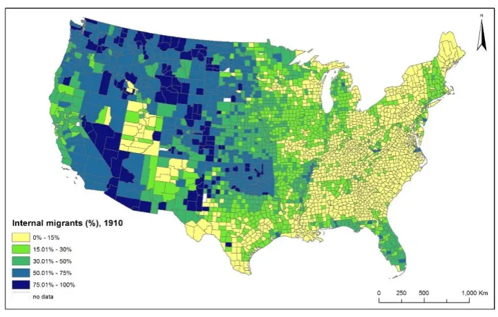 FIGURE 5-2 AMERICAN-BORN INTERNAL MIGRANTS AS SHARE OF POPULATION BY COUNTY, 1910 