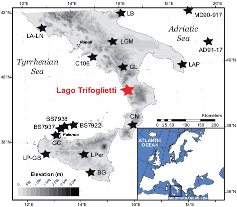 Fig. 1. Location of study site and other sites considered in thetext: Lago Albano and Nemi (Ariztegui et al., 2000 and referencestherein), Lago Battaglia (Caroli and Caldara, 2007), Lago Alim-ini Piccolo (Di Rita and Magri, 2009), Lago Grande di Monticchio(Allen et al., 2002), C106 (Di Donato et al., 2008), Grotta di La-tronico (Colonese et al., 2010), Canolo Nuovo (Schneider, 1985),Lago di Pergusa (Sadori and Narcisi, 2001), Biviere di Gela (Noti etal., 2009), Grotta di Carburangeli (Frisia et al., 2006), Gorgo Basso(Tinner et al., 2009), Lago Preola (Magny et al., 2011b; Cal`o etal., 2012), AD91-17 (Sangiorgi et al., 2003), BS7938 (Sbafﬁ et al.,2004), MD90-917 (Siani et al., 2012).