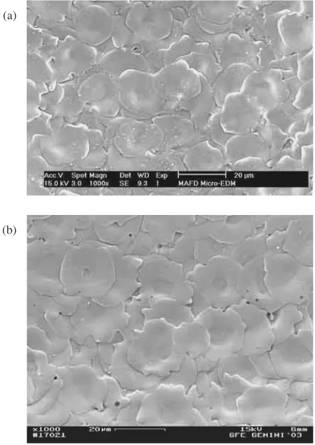 Fig. 1Surface Topography of Micro EDM. (a) voltage 100 V, current14 mA, ON-time 5 ms. (b) voltage 150 V, current 14 mA, ON-time 30 ms.
