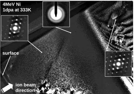 Fig. 7Cross-sectional transmission electron micrograph of cubic silicon carbide irradiated with 4 MeV nickel to 1 dpa at 333 K.Z ∼ ⟨110⟩, g = {111}.