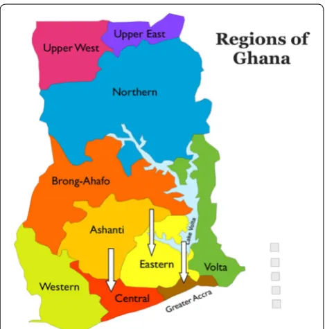 Fig. 1 A map of Ghana showing the various regions. Note Study sites shown with arrows