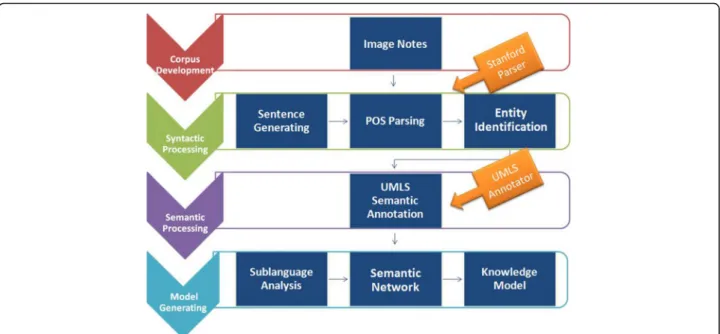 Fig. 1 System pipeline: (1) Corpus development (using Jsoup), (2) Syntactic processing (using Stanford Parser), (3) Semantic processing (using UMLS Annotator), (4) Knowledge model generation
