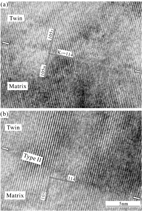 Fig. 5Two-dimensional lattice images of (a) {114¯} Type I, i.e. A : C Type,and (b) ⟨591¯⟩ Type II, i.e