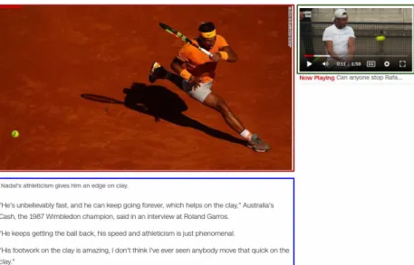 Figure 1: News article containing textual description (Blue), Image (Red Berry), and a Video (Dark Green).