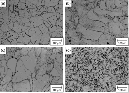 Fig. 4Optical micrographs of pure nickel before compression (a) and after compression (b)–(d)