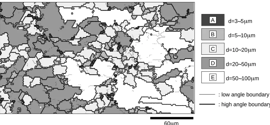 Fig. 10Grain structure micrograph, constructed by EBSP, of a dynamically recrystallized area in the specimen deformed at high tem-perature (T = 905 K, ˙ε = 1.0 × 10−4 s−1, ε = −1.7).
