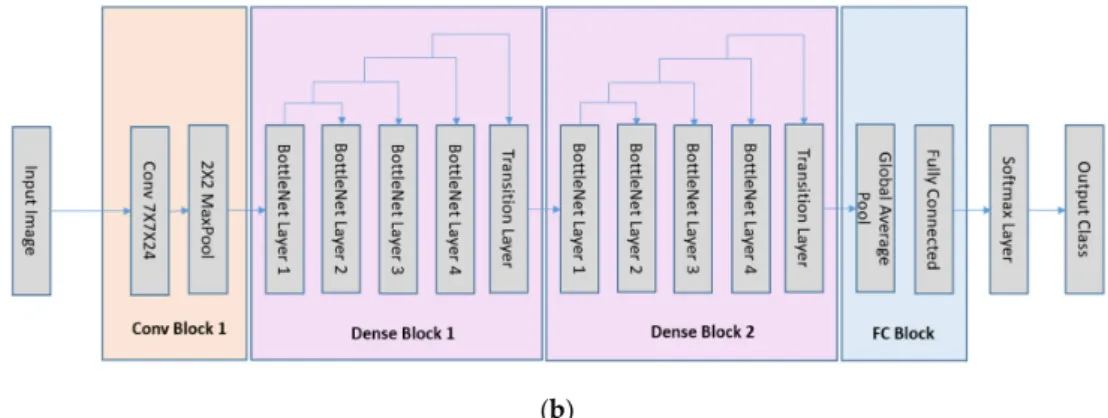 Figure 1. The LeNet5 and the DenseNet architectures used in the study. The MI values of kernels after  each block are calculated for analysis and comparison