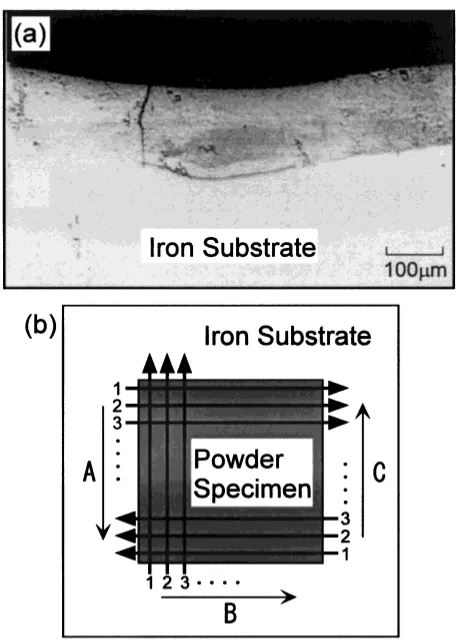 Fig. 1(a) Microstructure on the section of the chromium carbide layerformed on the surface of the laser-clad specimen and (b) laser beam scan-ning procedure.