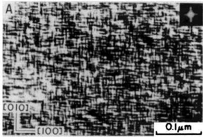 Fig. 3A bright ﬁeld TEM image with a 200 electron reﬂection spot takenfrom the Fe–20 at%Mo alloy aged at 773 K for 3.6 ks, showing clearly the⟨100⟩ modulated structure due to the spinodal decomposition.