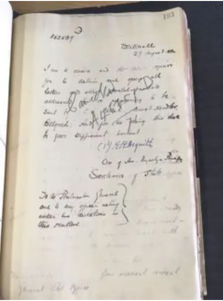 Figure 3: Copy of a warrant signed by Asquith, later marked as cancelled, features alphanumeric reference number 
