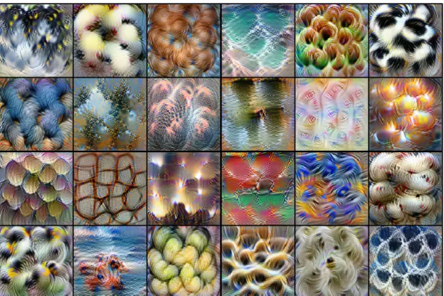 Figure 2.10 – Gradient ascent allows us to visualize features in deep layers. Here we visualized a subset of filters from the fifth and final convolutional layer of AlexNet