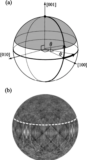 Fig. 2(a) Schematic illustration of the angular range of a calculated holo-gram.(b) Hologram pattern of Ge ﬂuorescence calculated from the3MLs-Ge/Si(001) cluster model