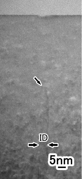 Fig. 9High-resolution electron micrograph of the domain which termi-nates about 45 nm from the surface.