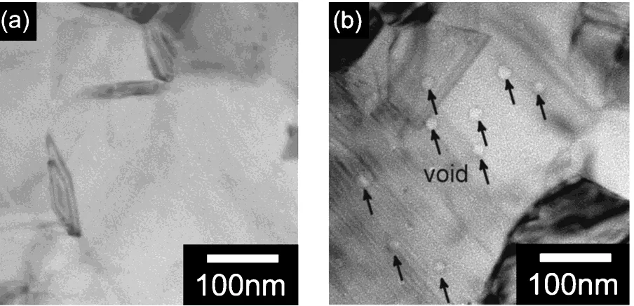 Fig. 6Plan-view TEM images of Si/Si3N4(60 nm)/PVD-Cu(50 nm)/native oxide/PVD-Cu(50 nm) samples, which were annealed at400◦C for 10 min (a) in Ar atmosphere or (b) in 5% H2/N2 mixed gas atmosphere
