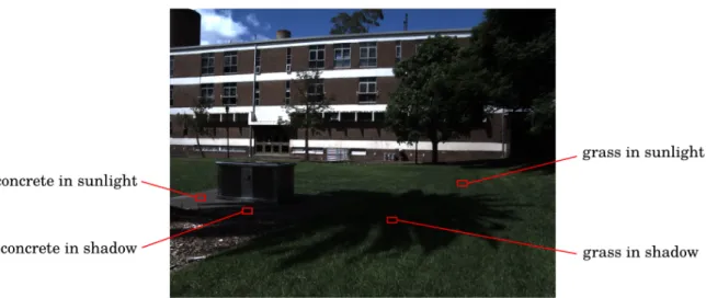 Figure 1.1 – Example of illumination variability in an RGB image. Scene constituents that are semantically similar appear differently under shadow and sunlight (e.g