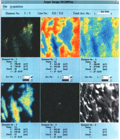 Fig. 3Composite of Auger elemental mapping results for the solder matrix region of a joint made from Sn–3.6Ag–1.0Cu–0.45Co, wherethe SEM micrograph in secondary electron imaging at the lower right corner serves as the template for the elemental maps of Co,