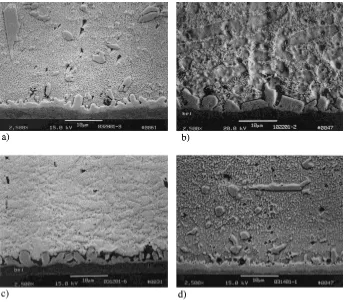 Fig. 5SEM micrographs, using backscattered electron imaging, showing Cu substrate (bottom), intermetallic Cu/solder interface, andsolder matrix microstructures at moderate magniﬁcation of slowly cooled joints made from a) Sn–3.6Ag–1.0Cu, b) Sn–3.7Ag–0.9Cu,