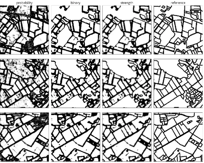 Figure 6. Comparison of boundary detection results in study area 2. Columns represent the model  probability output, the binary output after land cover masking, the final boundary strength map, and  the final reference dataset (boundaries thickened for vis