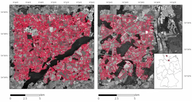Figure 1. Maps of study areas 1 (left) and 2 (right). 