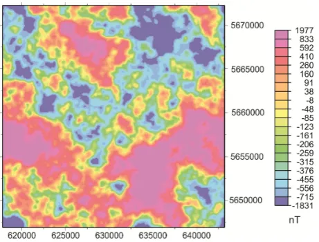 Fig. 4.  removal of fractal data located outside the survey area outline in Fig. 4. Synthetic fractal grid extrapolated to rectangular edges after removal of fractal blue in Fig