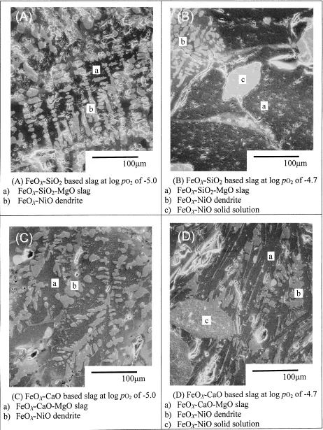 Fig. 5Microphotographies showing the structure of the slags at 1773 K just before and after the precipitation of a FeOX–NiO solidsolution.