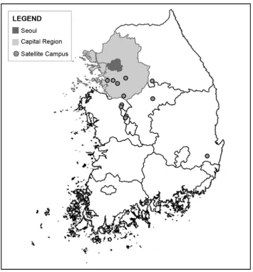Figure 5-7 Location of satellite campuses opened between 1977 and 1988 in Korea 