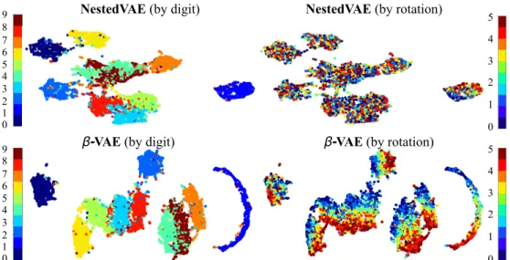Figure 3. UMAP projections of the representations learned from the rotated MNIST dataset by NestedVAE and βVAE