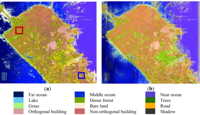 Figure 5 shows the results of POL-only and TF-only classifications on L-band data. In the absence of  TF information (Figure 5a), higher misclassifications were observed than the proposed full-feature  classification in Figure 4a