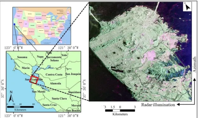 Figure 1. Study area in San Francisco and the AIRSAR L-band polarimetric image with  Pauli color coding (Red: |HH – VV|, Green: |HV|, Blue: |HH + VV|)