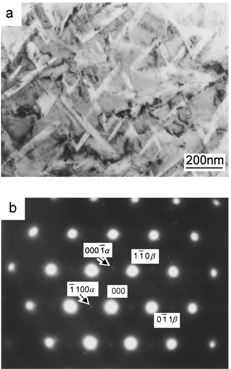 Fig. 4(a) Bright ﬁeld TEM micrograph of Ti–29Nb–13Ta–4.6Zr quenchedand then aged at 500◦C for two days; (b) ⟨111⟩β SAD pattern showing thesuperimposed patterns from β and α phases.