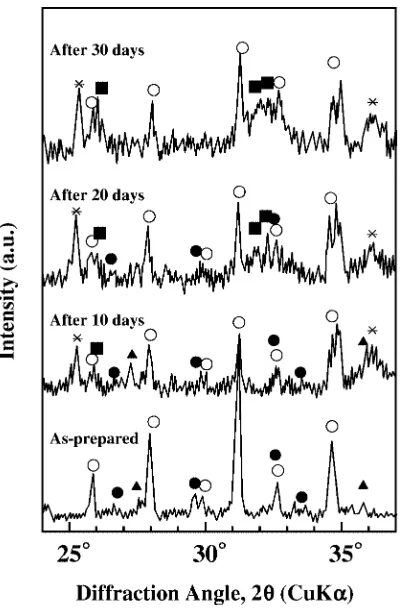 Fig. 12X-ray diffraction patterns of coating layers on the specimens pre-pared by heating at 1023 K and 1073 K for 3.6 ks in air; ⃝: TCP, G: CPP,L: β-Ti, and ∗: unknown phase.