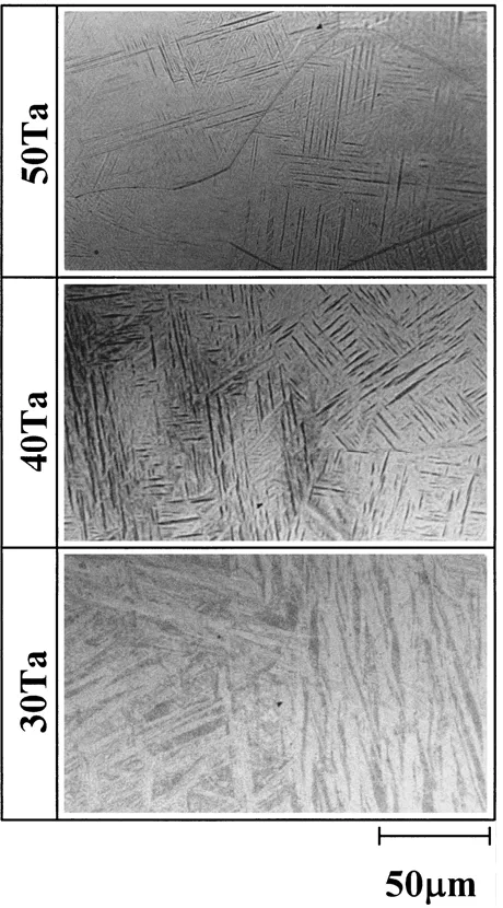 Table 2Summary of phase constitutions of all isochronally heat-treatedTi–Ta alloys by XRD at RT, except for Ti–50Ta alloy heat treated at 323 Kfor 3.6 ks.