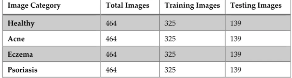 Table 3. Dataset division in the training and testing phase  Image Category  Total Images  Training Images  Testing Images 