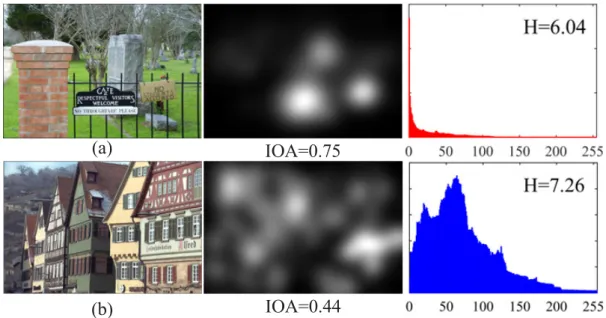 Figure 6.2: Natural scenes, their ground truth fixation maps, corresponding IOA scores, and entropy of scene saliency