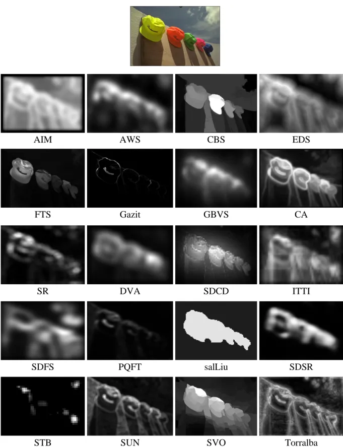 Figure 3.1: Illustration of saliency maps generated by twenty state-of-the-art saliency models for one of the source images in the LIVE database.