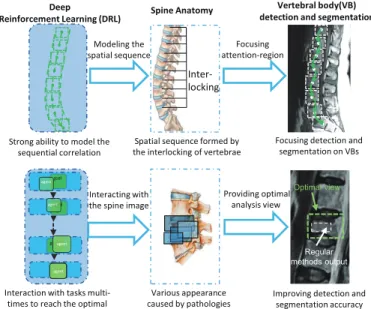 Figure 2.2. Deep reinforcement learning(DRL) has great potential to solve the challenges in VB detection and segmentation: 1) DRL is capable of modeling the spatial sequence  correla-tion of VBs, which proposes an attencorrela-tion-region for each VB and f