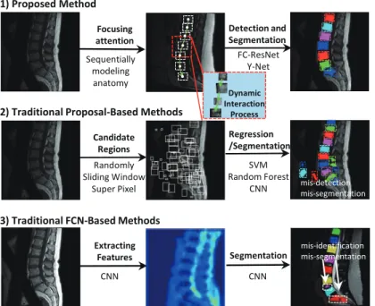 Figure 2.4. Di fferent from traditional methods, our method models the sequential anatomical correlation of the spine and proposes attention-regions for the VBs sequentially, then detects and segments the VBs accurately