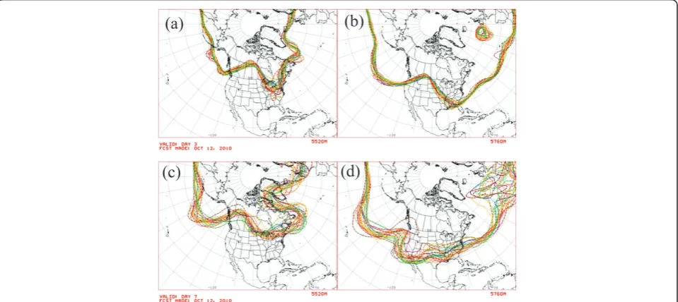 Figure 4 RepresentativeAmerica for forecasts started on Oct. 12, 2010. (a)-(b) Predicted values after 3 days for the 5520-m and 5760-m contours, respectively
