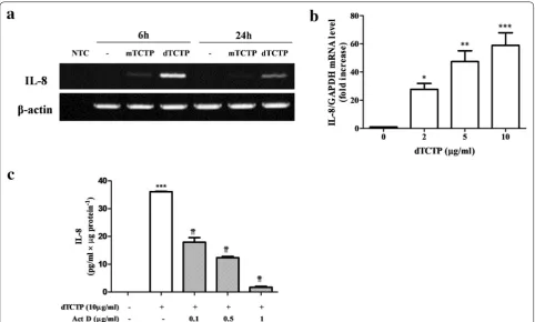 Fig. 1 IL-8 induction by dTCTP is transcriptionally regulated. a BEAS-2B cells were incubated with 10 μg/ml of dTCTP for 6 or 24 h, and expression of IL-8 mRNA and β-actin mRNA was determined by RT-PCR