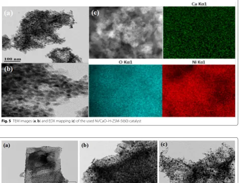 Fig. 5 TEM images (a, b) and EDX mapping (c) of the used Ni/CaO–H-ZSM-5(60) catalyst