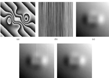 Fig. 5.Results for the ﬁrst frame �t � 0� of the simulated steep surface object. (a) Wrapped phase, the unwrapped phase using the (b)ﬂood-ﬁll algorithm, (c) Cusack algorithm, (d) Huntley algorithm, and (e) proposed algorithm.