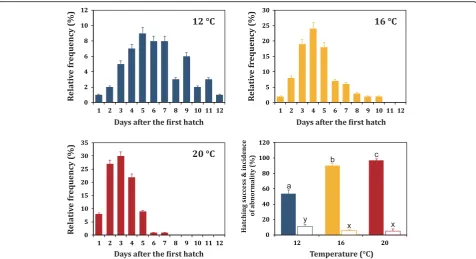 Fig. 4 Effects of incubation temperatures (12, 16, or 20 °C) on the temporal patterns of hatching event in Russian sturgeon Acipensergueldenstaedtii embryos