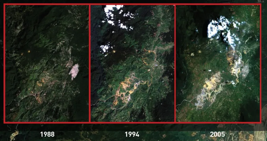 Figure 2: Satellite images of jade mining operations in Hpakant before and after the Kachin ceasefire (Source: Global Witness 2015, 39)