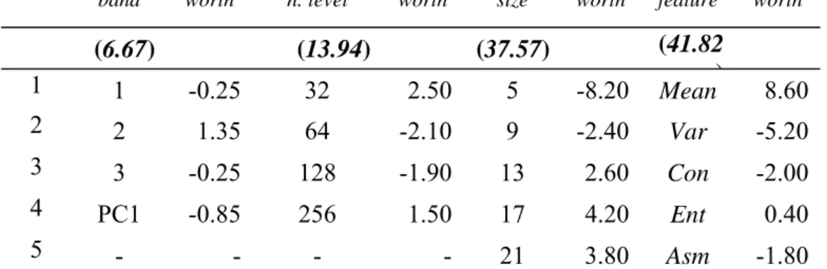 Table 4. Relative importance of parameters and part-worth scores of their  levels in GLCM texture classification 