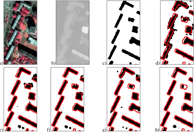 Figure 1. (a) Orthorectified four-channel satellite image (near-infrared, red, green channels) with the 1-m  resolution, (b) digital surface model obtained from a stereo pair using a stereo matching algorithm, (c) the  hand-drawn ground-truth building regi