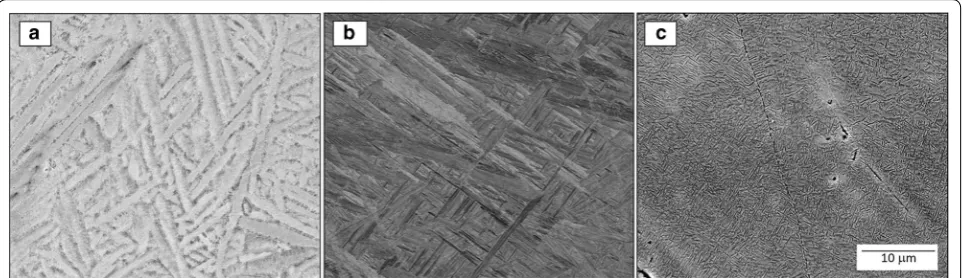 Fig. 2 Backscatter SEM micrographs corresponding to the local average composition of a Ti-0.9 wt.% Mo, b Ti-2.8 wt.% Mo, c Ti-8.2wt.% Mo