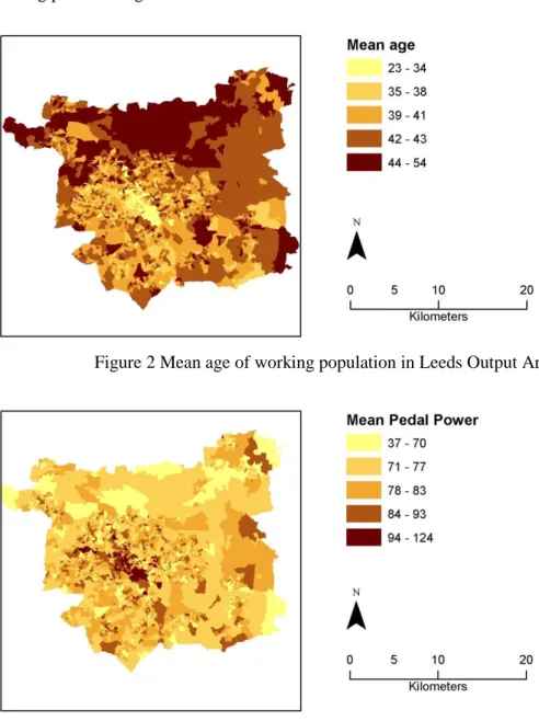Figure 2 Mean age of working population in Leeds Output Areas  