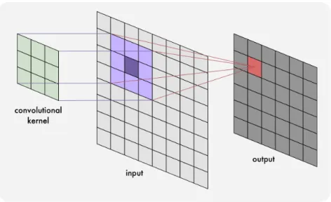 Figure 2.5: An example of how an 8 × 8 input image is convolved into a 6 × 6 output image when a 3 × 3 convolutional kernel is applied using a stride length of 1 across the entire input image.