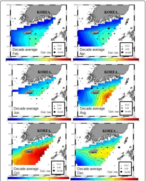 Fig. 7 Spatial distribution of CPUE of T. orientalis off the southern coast of Korean Peninsula over the mean temperature distribution at 50 mduring 2004 to 2013